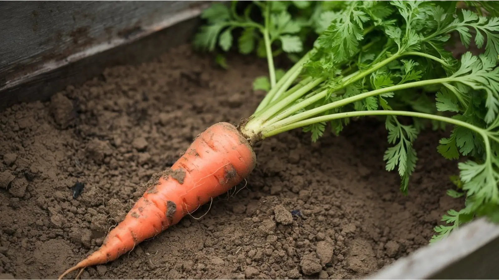 a photo of a freshly harvested carrot with green leafs