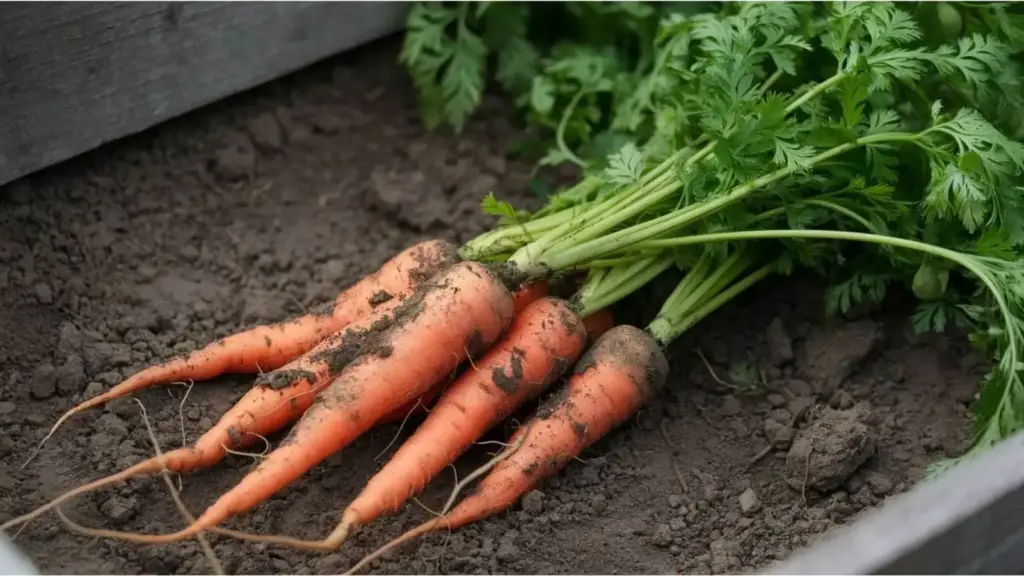 a photo of a freshly harvested carrots with green leavs 1