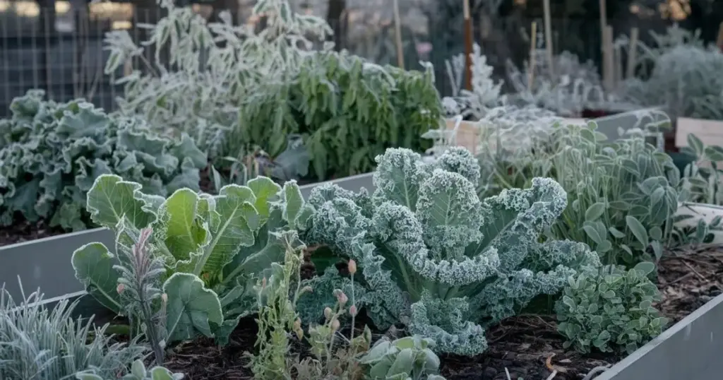 a photo of a raised bed garden with a variety of cold vegetables