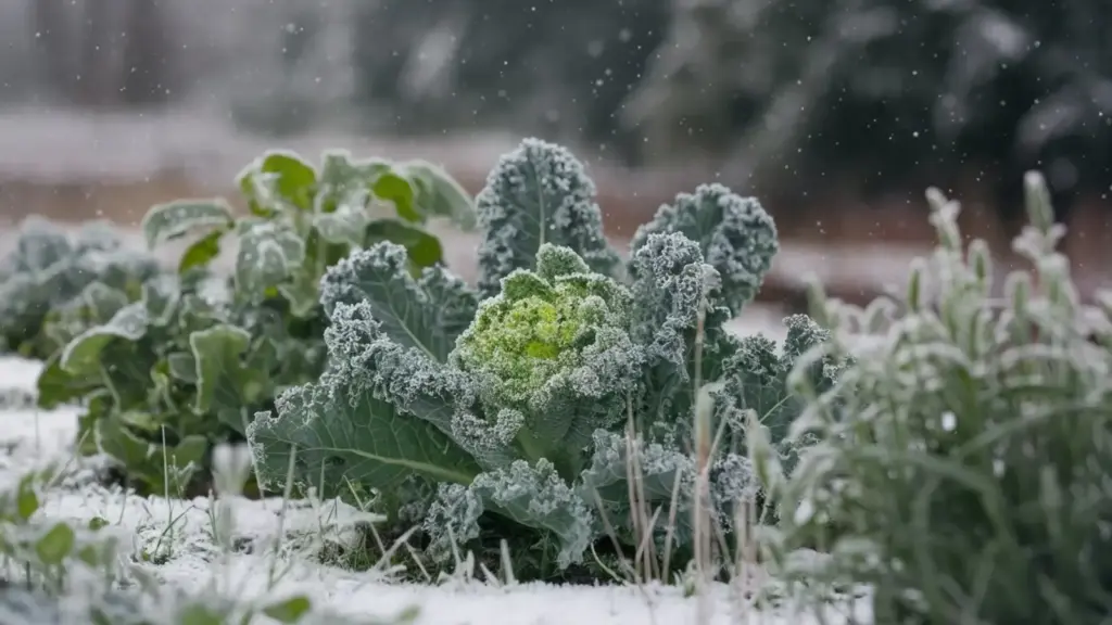 a photo of a winter-garden with frost covered kale