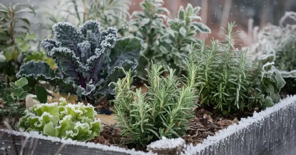 a winter garden with a variety of cold herbs and vegis