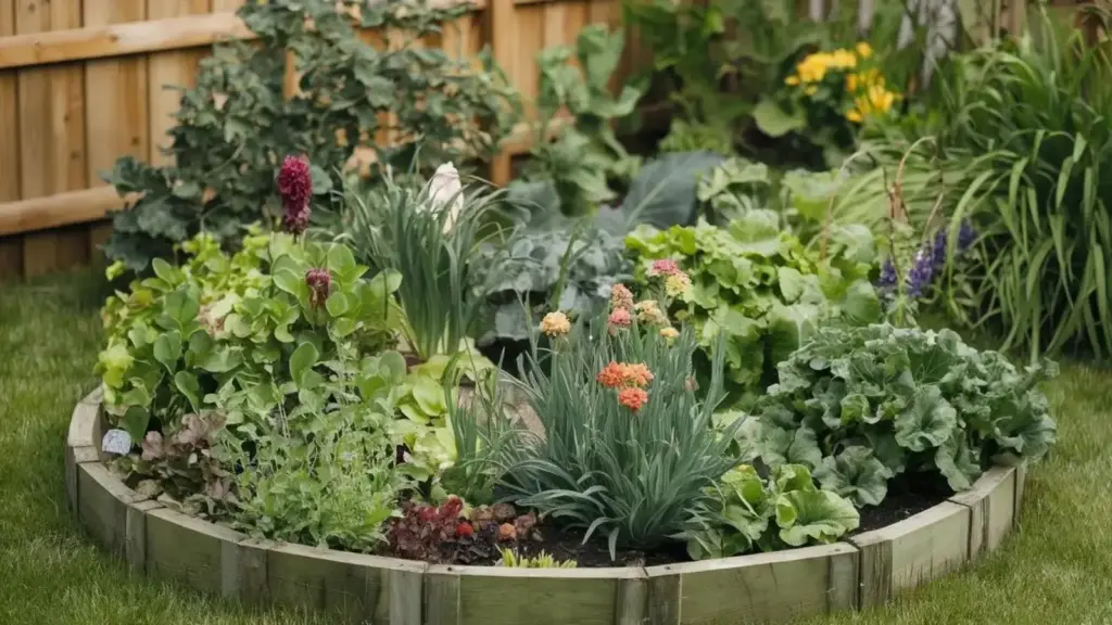 a photo of a round garden-bed with a variety of plants