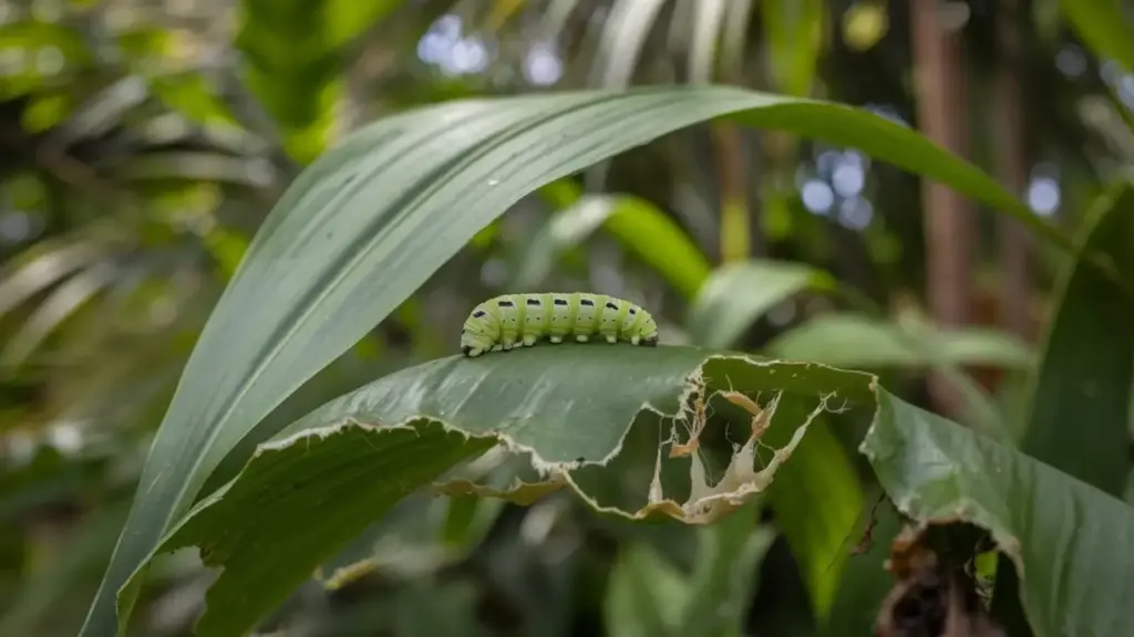 a photo of a small caterpillar sitting on top of a leaf