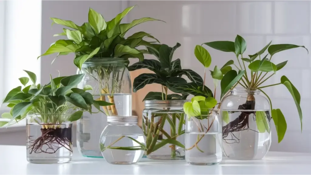 indoor scene featuring various water plants in jars